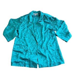 Vintage Argenti womens Sz 4 L  teal blue floral 100% silk blazer oversized